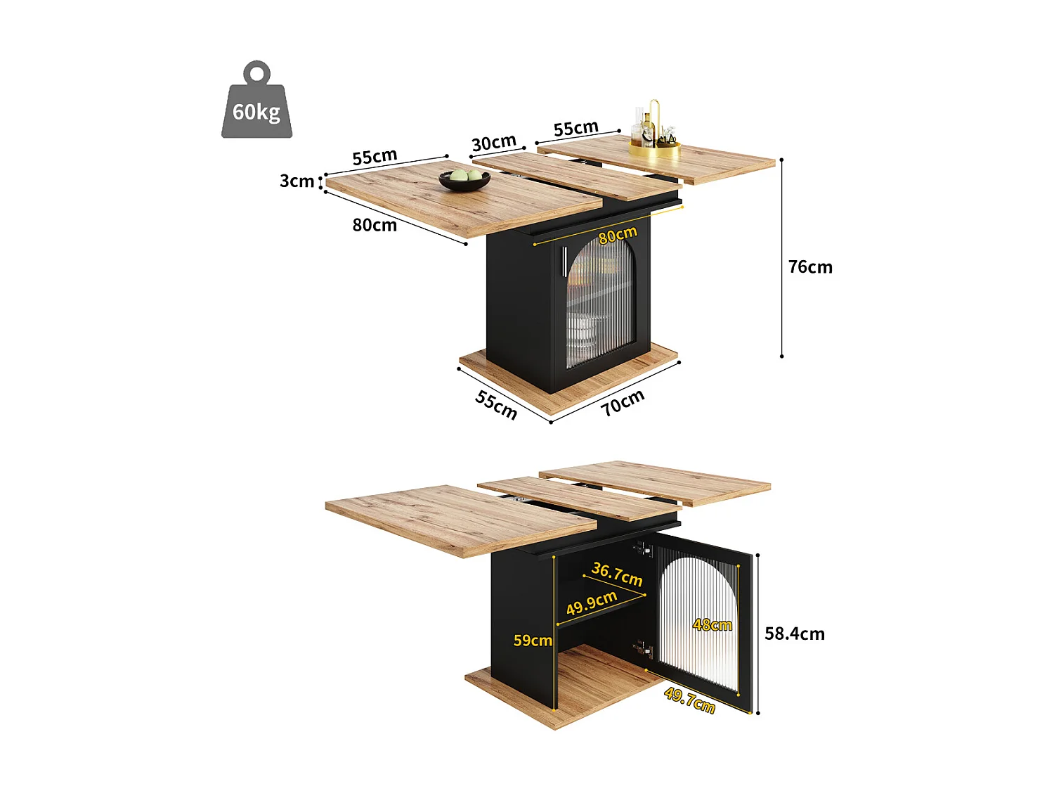 Eettafel telescopische tafel (140x80cm), uitschuifbaar met opbergruimte, ruimtebesparend.