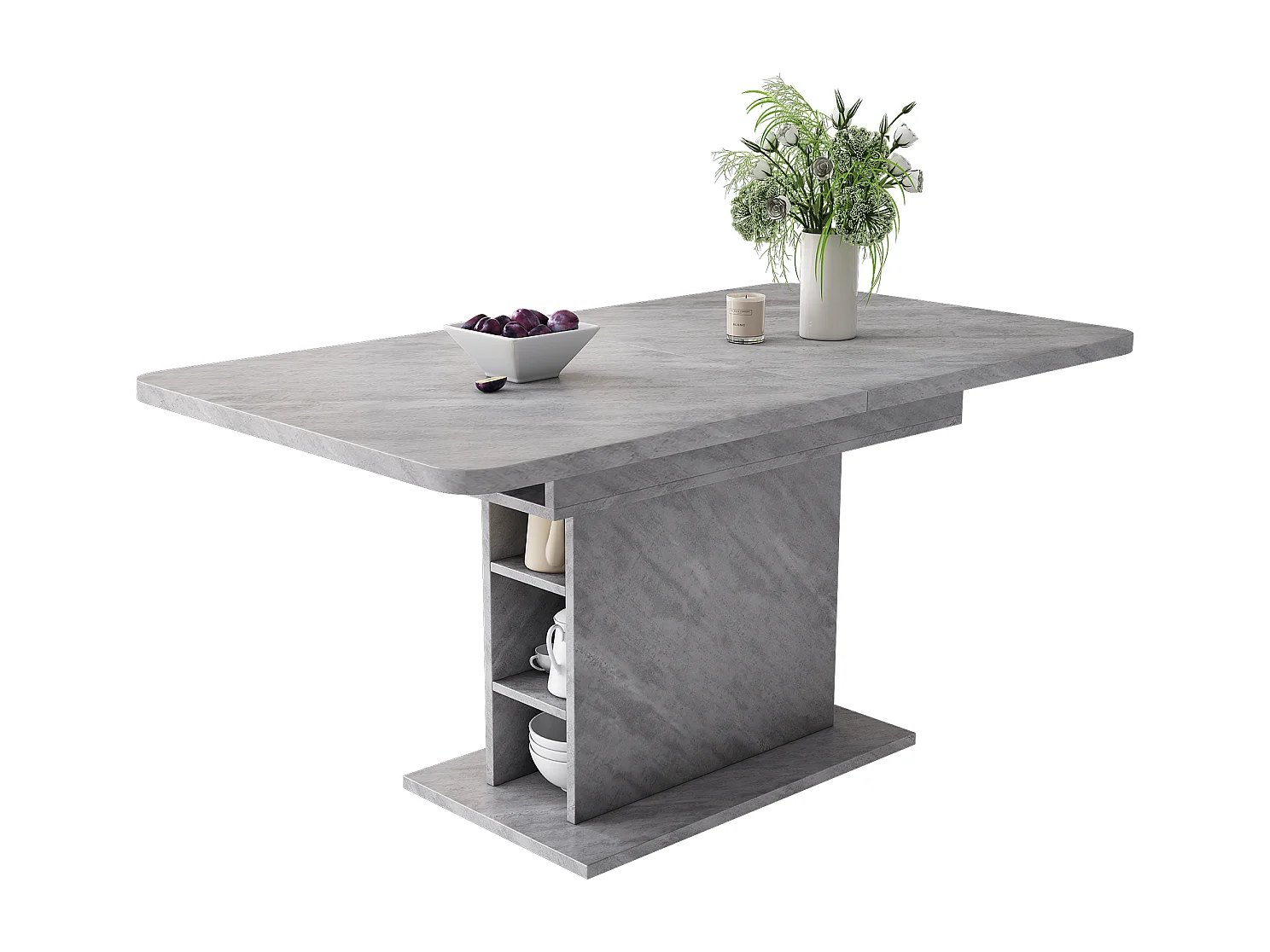 Uitschuifbare eettafel met opbergruimte, rechthoekig, modern, ruimtebesparend, betonlook