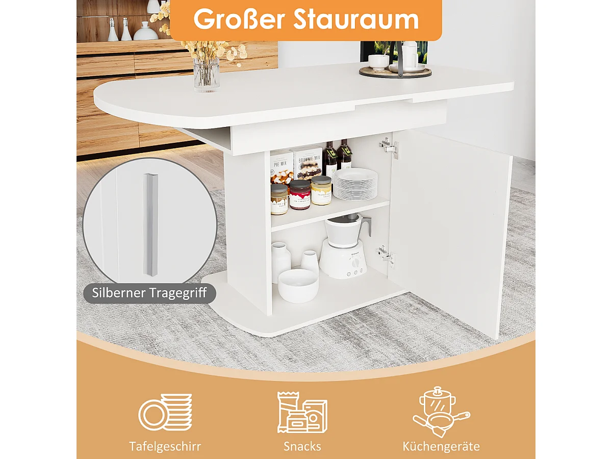 Uitschuifbare ovale eettafel (110/130x70x75cm) - Wit/Zilveren handvat