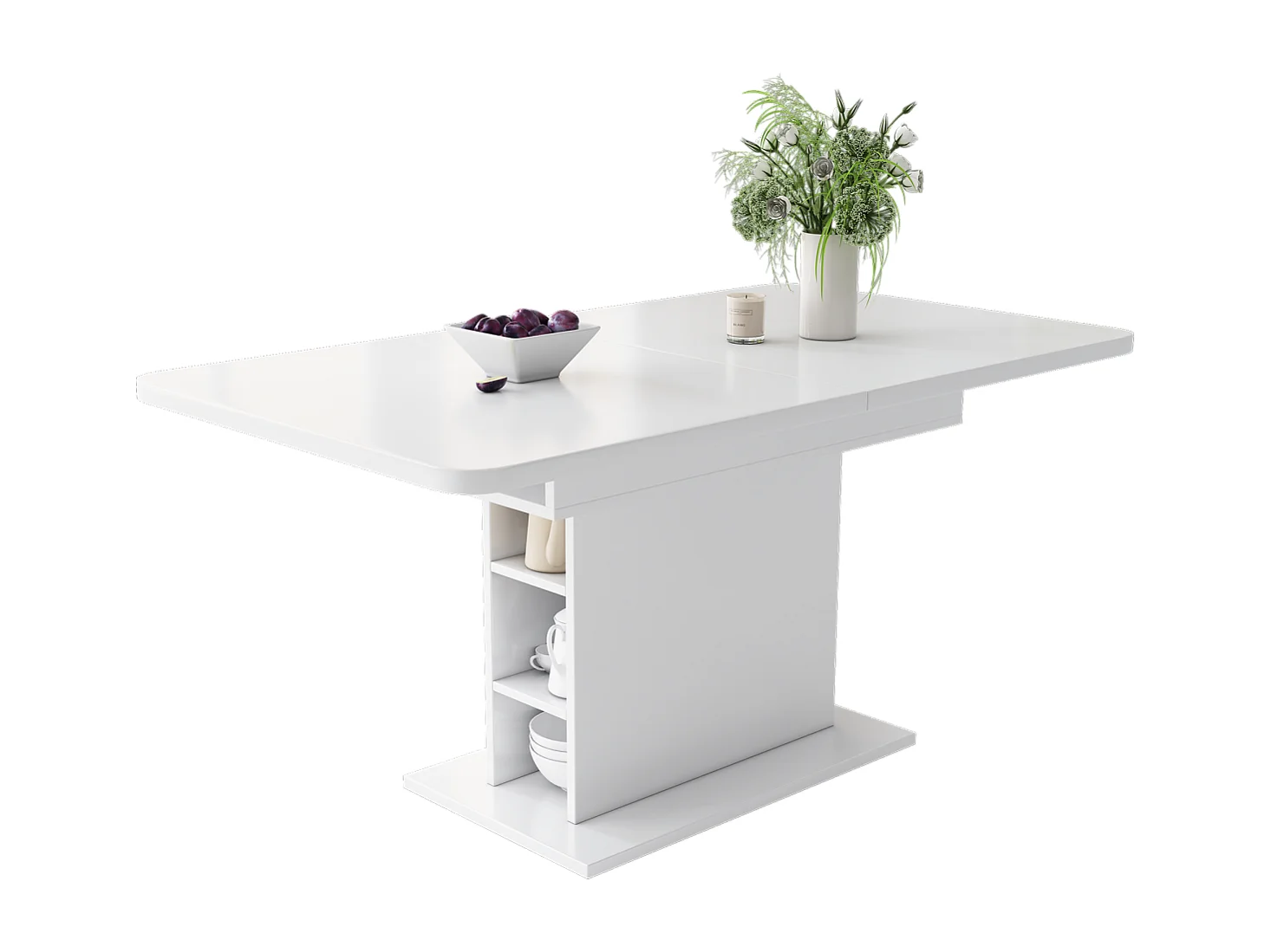 Uitschuifbare eettafel met opbergruimte, modern, eenvoudig ijzer, ruimtebesparend en multifunctioneel, wit