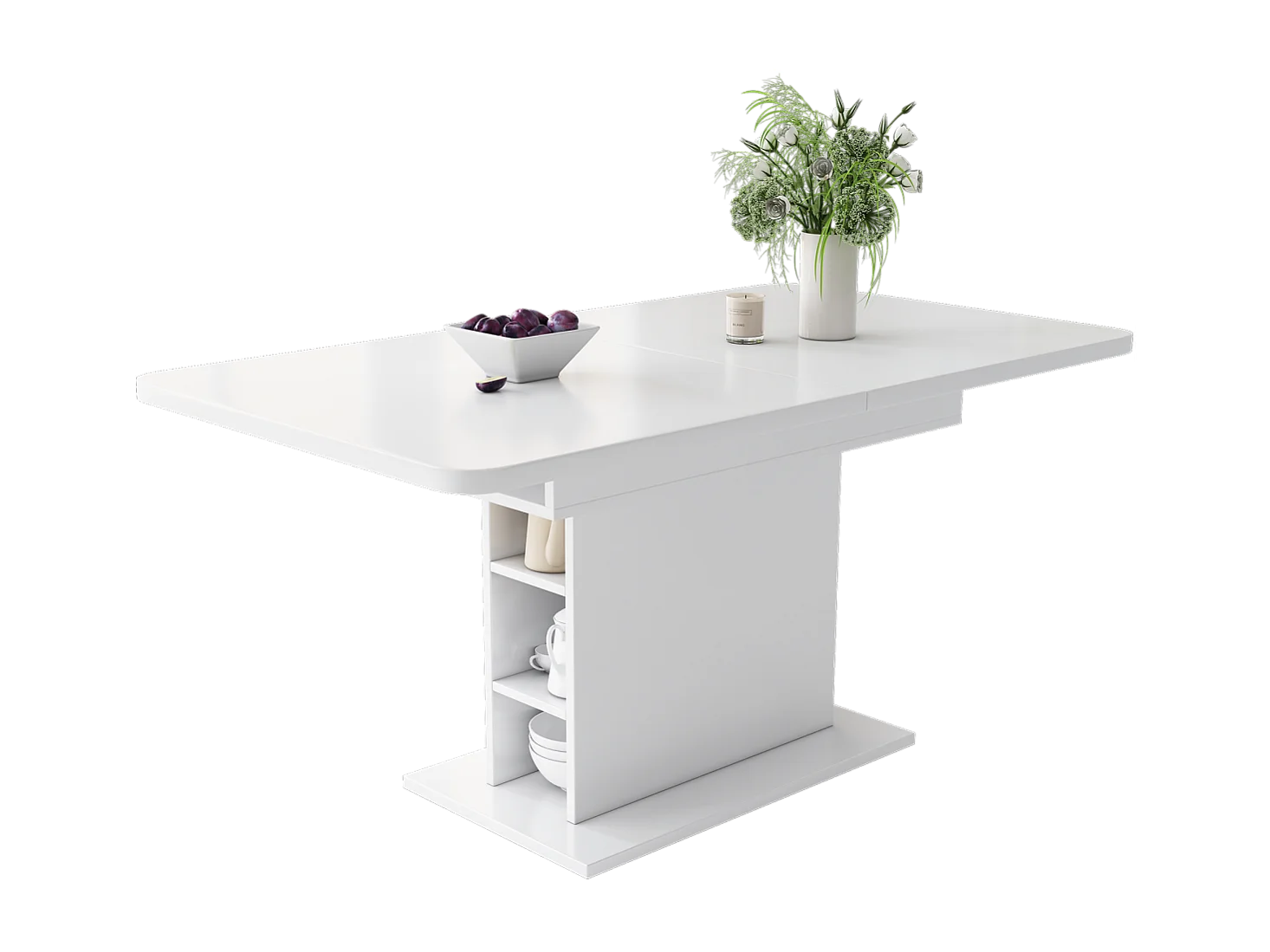 Table de salle à manger extensible avec rangement, style moderne et épuré, en fer, multifonctionnelle et peu encombrante, blanche.