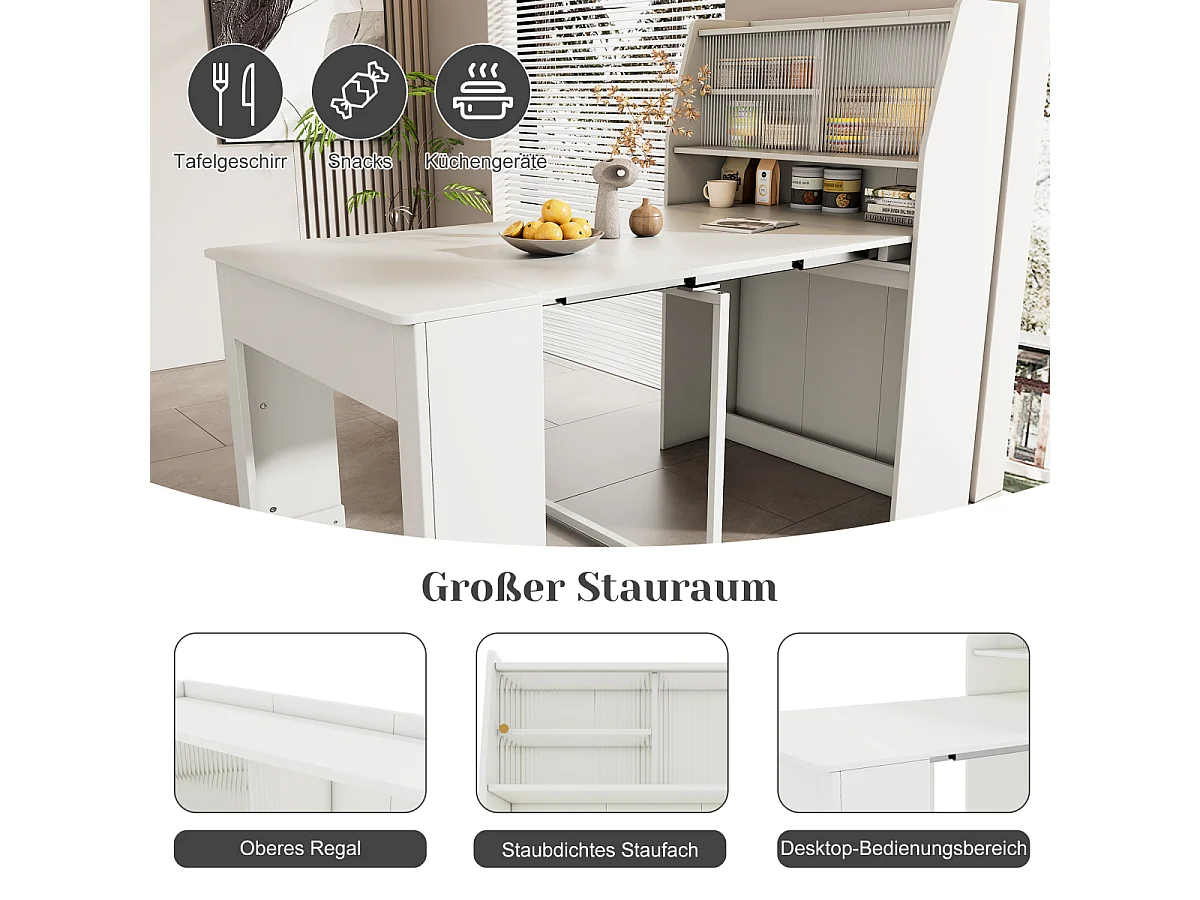 Mesa de comedor extensible, L52/132,5xW80xH76cm, extraíble en una dirección, armario de almacenamiento, ahorra espacio, color blanco.