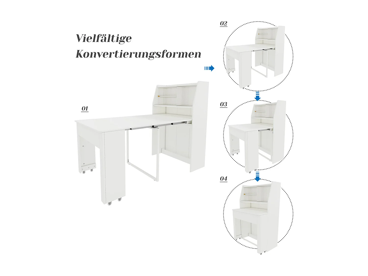 Mesa de comedor extensible, L52/132,5xW80xH76cm, extraíble en una dirección, armario de almacenamiento, ahorra espacio, color blanco.