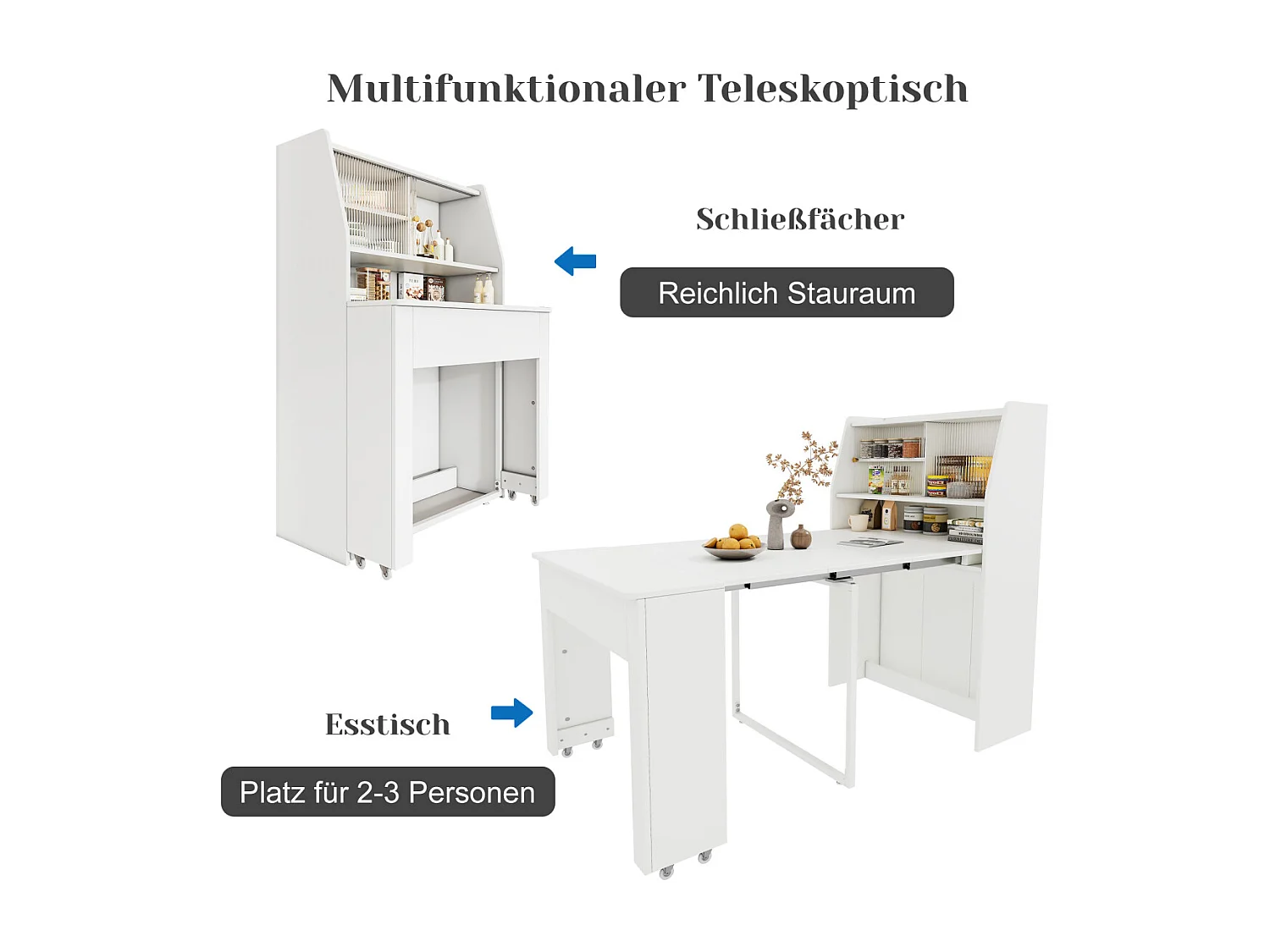 Mesa de comedor extensible, L52/132,5xW80xH76cm, extraíble en una dirección, armario de almacenamiento, ahorra espacio, color blanco.