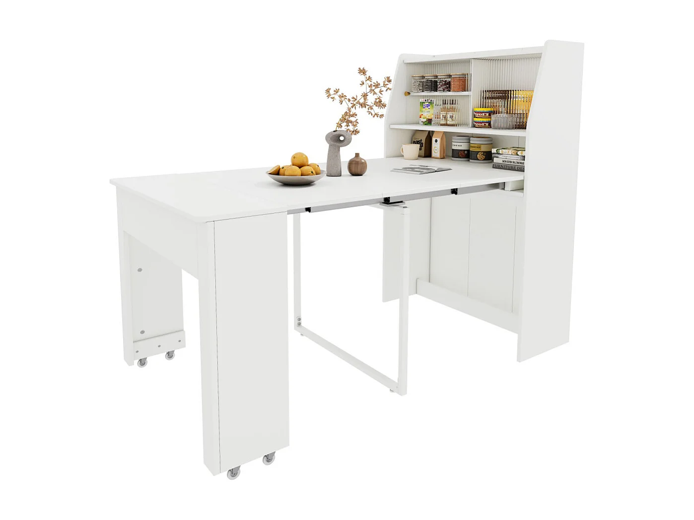 Mesa de comedor extensible, L52/132,5xW80xH76cm, extraíble en una dirección, armario de almacenamiento, ahorra espacio, color blanco.