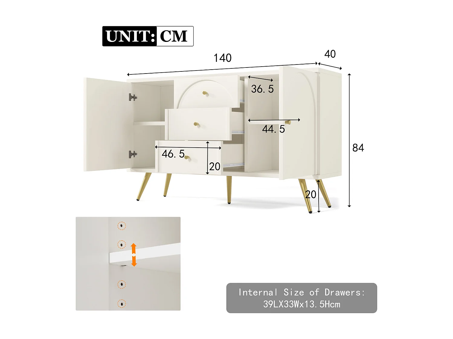 Cômoda com 2 portas e 3 gavetas, branca, com prateleira ajustável, cor creme (A84/L140/P40cm)