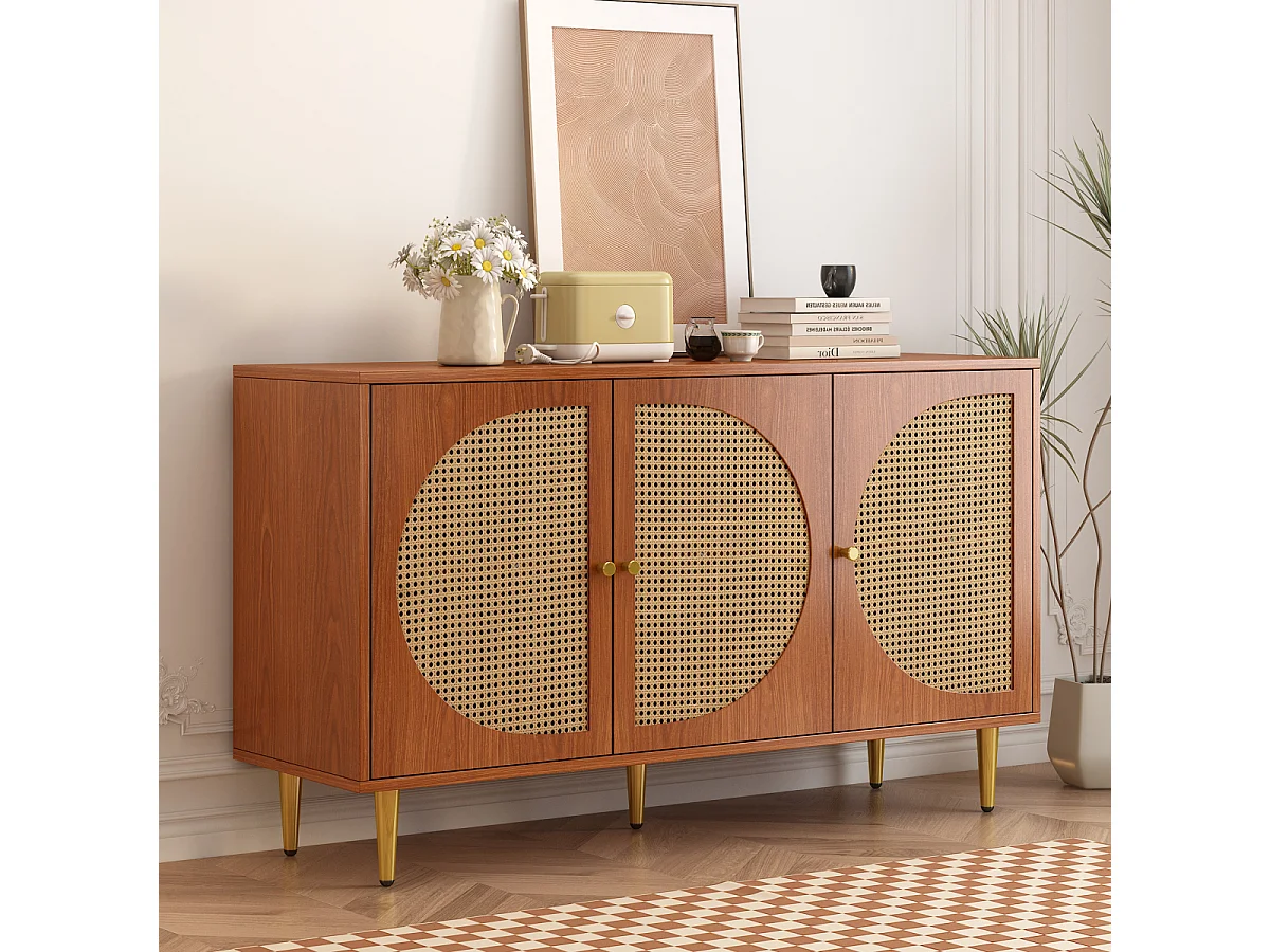 Walnotenhouten dressoir met 3 rotandeuren en metalen handgrepen, 129,8 x 40 x 76 cm