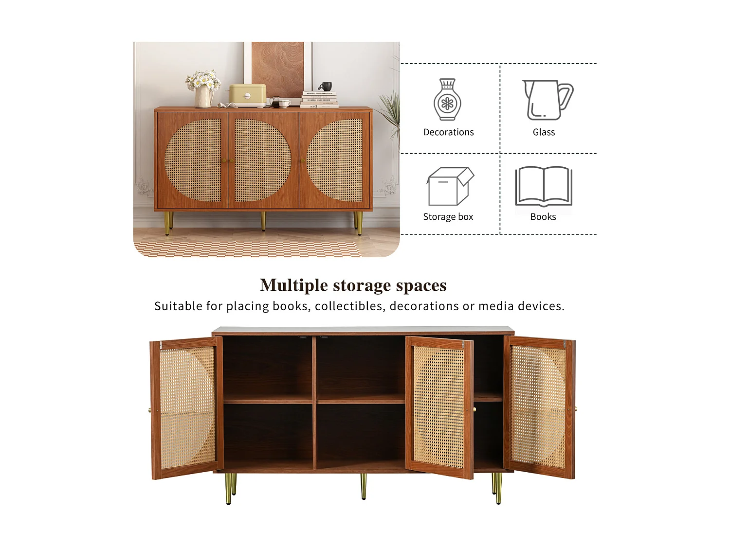 Walnotenhouten dressoir met 3 rotandeuren en metalen handgrepen, 129,8 x 40 x 76 cm