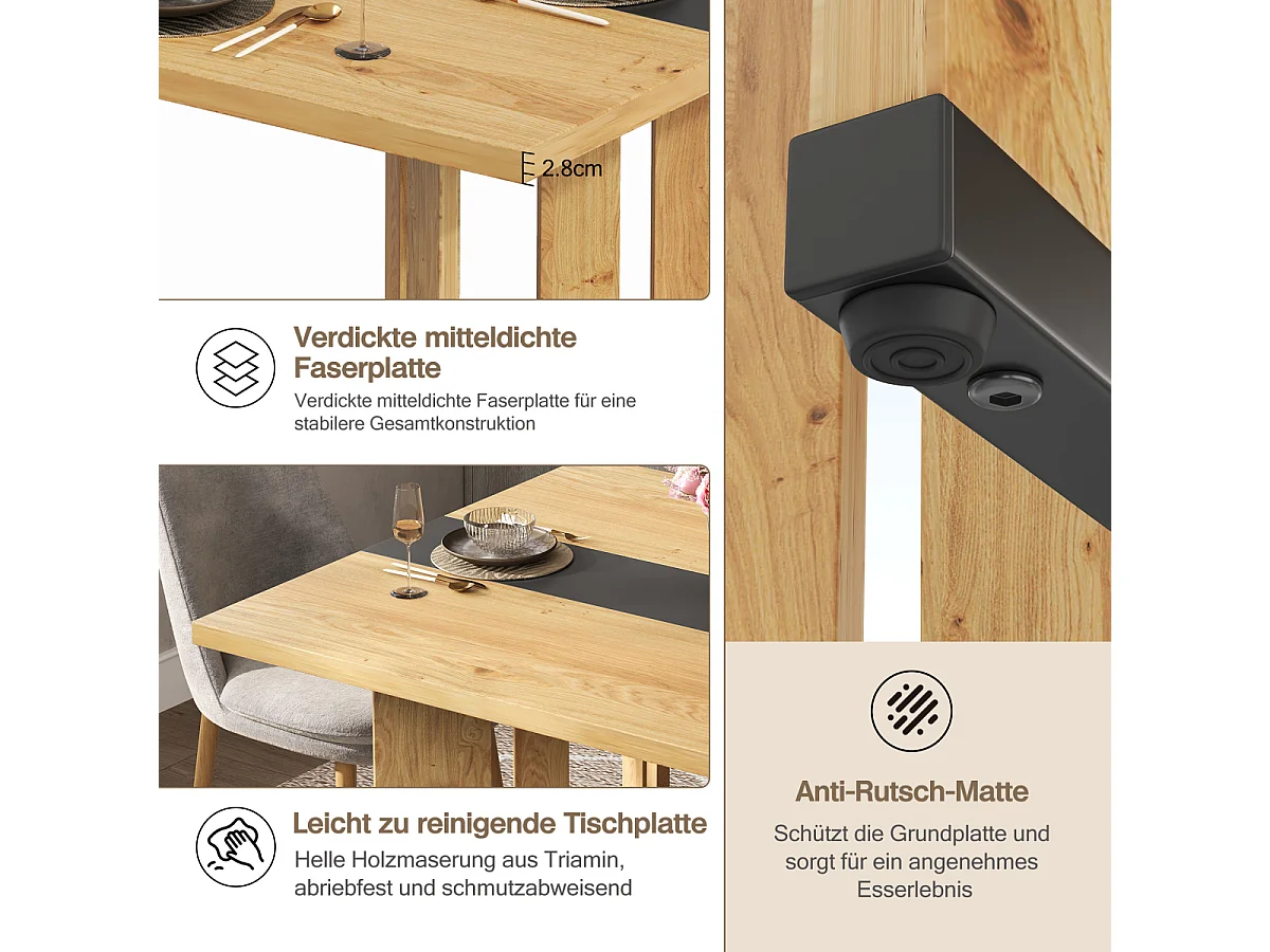 Table en bois de style scandinave, veinage chêne, 150 cm, imperméable