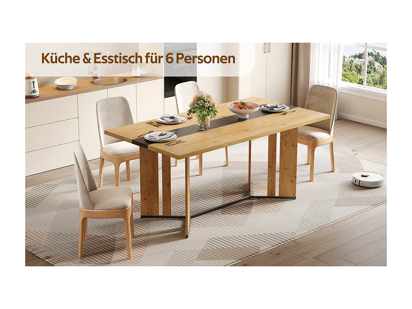 Table en bois de style scandinave, veinage chêne, 150 cm, imperméable