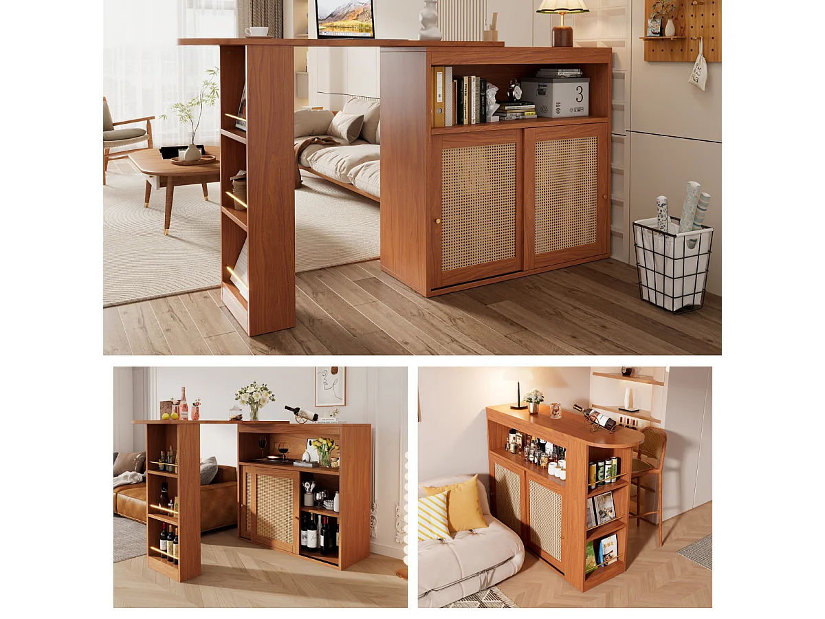 Tavolo da bar estensibile con intreccio in rattan, ripiani regolabili e spazio di archiviazione (138-193x39x104cm)