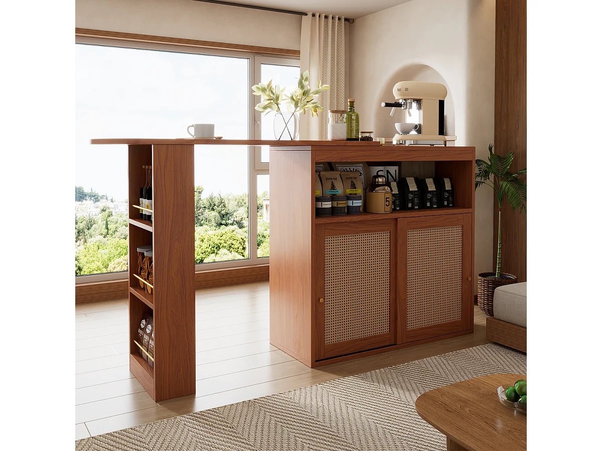 Tavolo da bar estensibile con intreccio in rattan, ripiani regolabili e spazio di archiviazione (138-193x39x104cm)