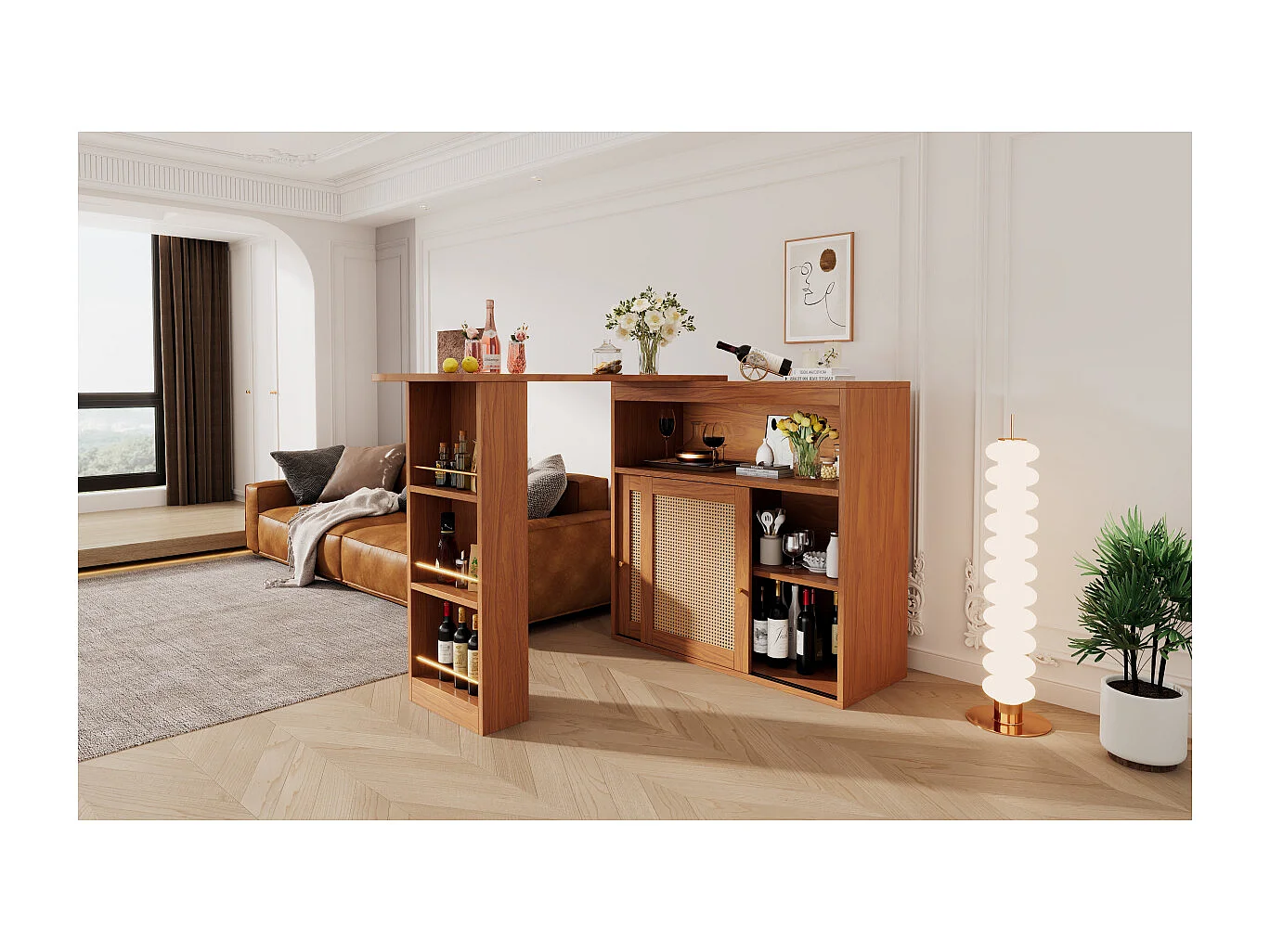 Tavolo da bar estensibile con intreccio in rattan, ripiani regolabili e spazio di archiviazione (138-193x39x104cm)