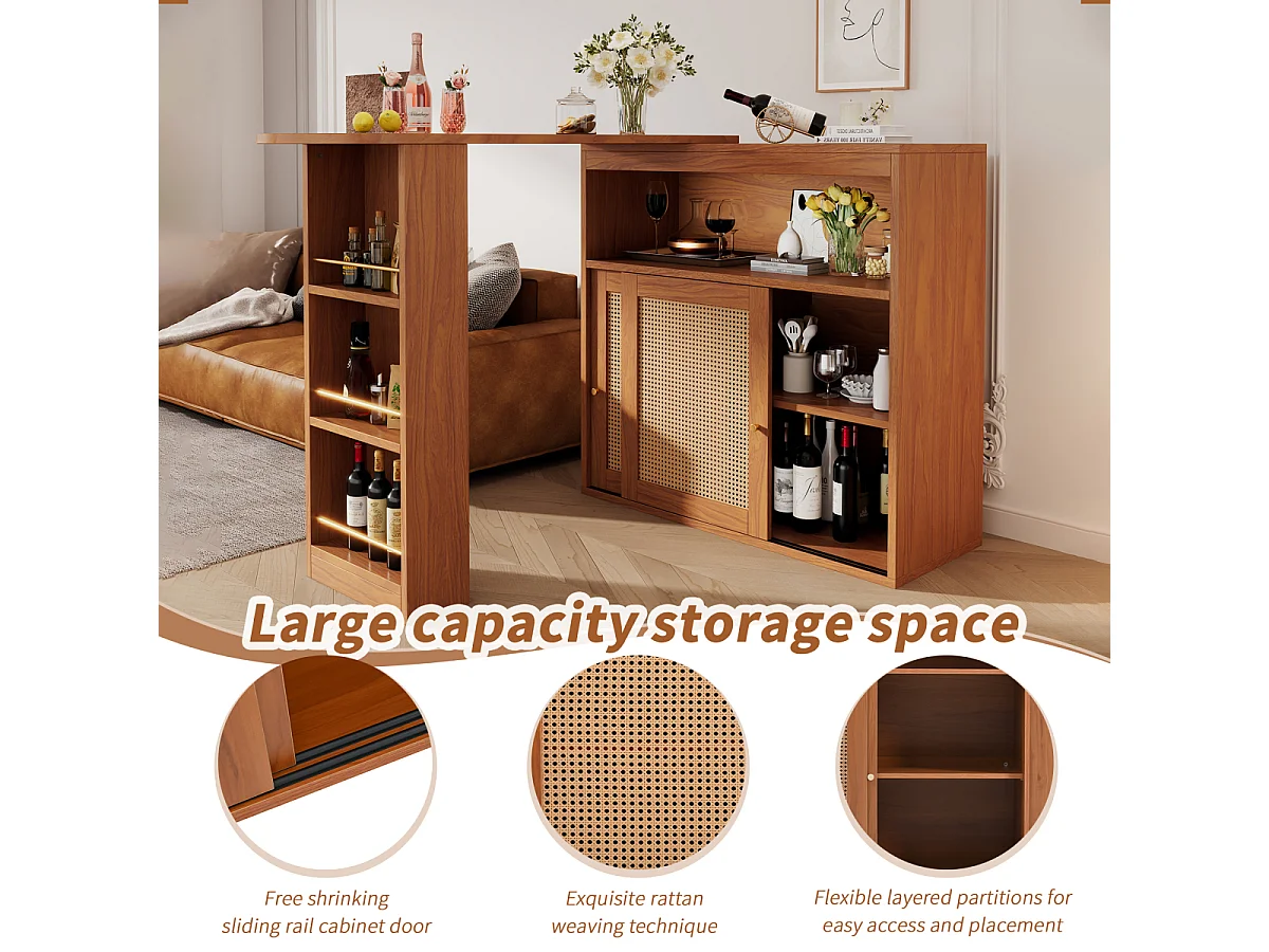 Tavolo da bar estensibile con intreccio in rattan, ripiani regolabili e spazio di archiviazione (138-193x39x104cm)