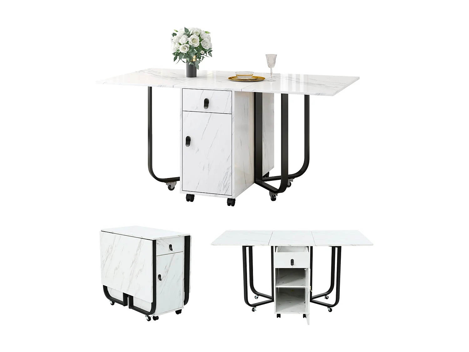 Table de salle à manger pliante avec étagère, 2 tiroirs, abattant, gain de place (blanc/noir)