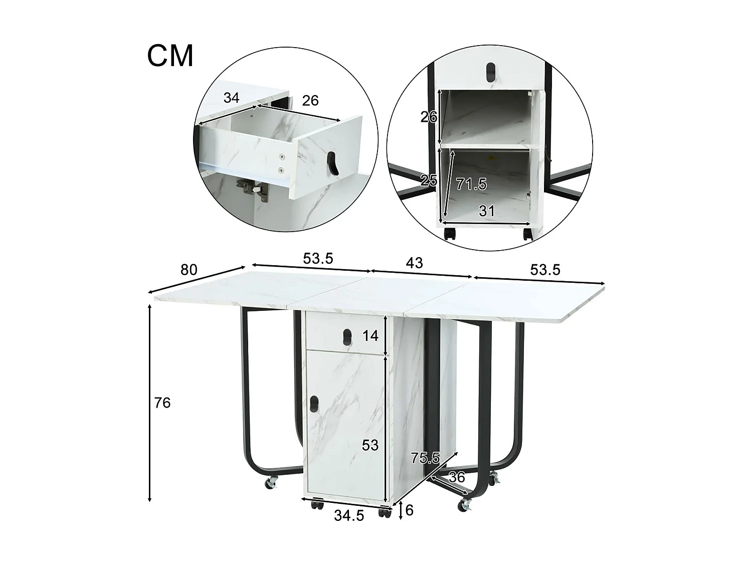 Table de salle à manger pliante avec étagère, 2 tiroirs, abattant, gain de place (blanc/noir)
