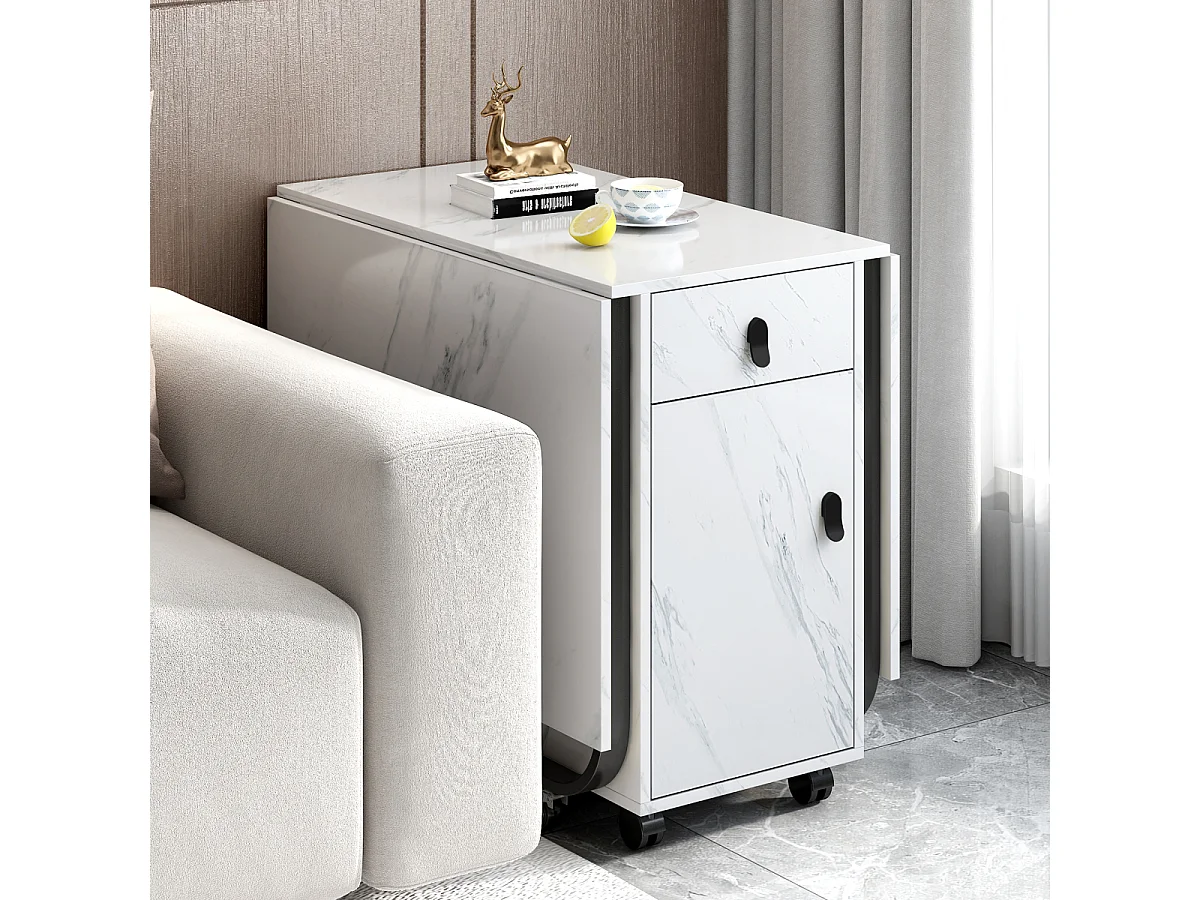 Table de salle à manger pliante avec étagère, 2 tiroirs, abattant, gain de place (blanc/noir)