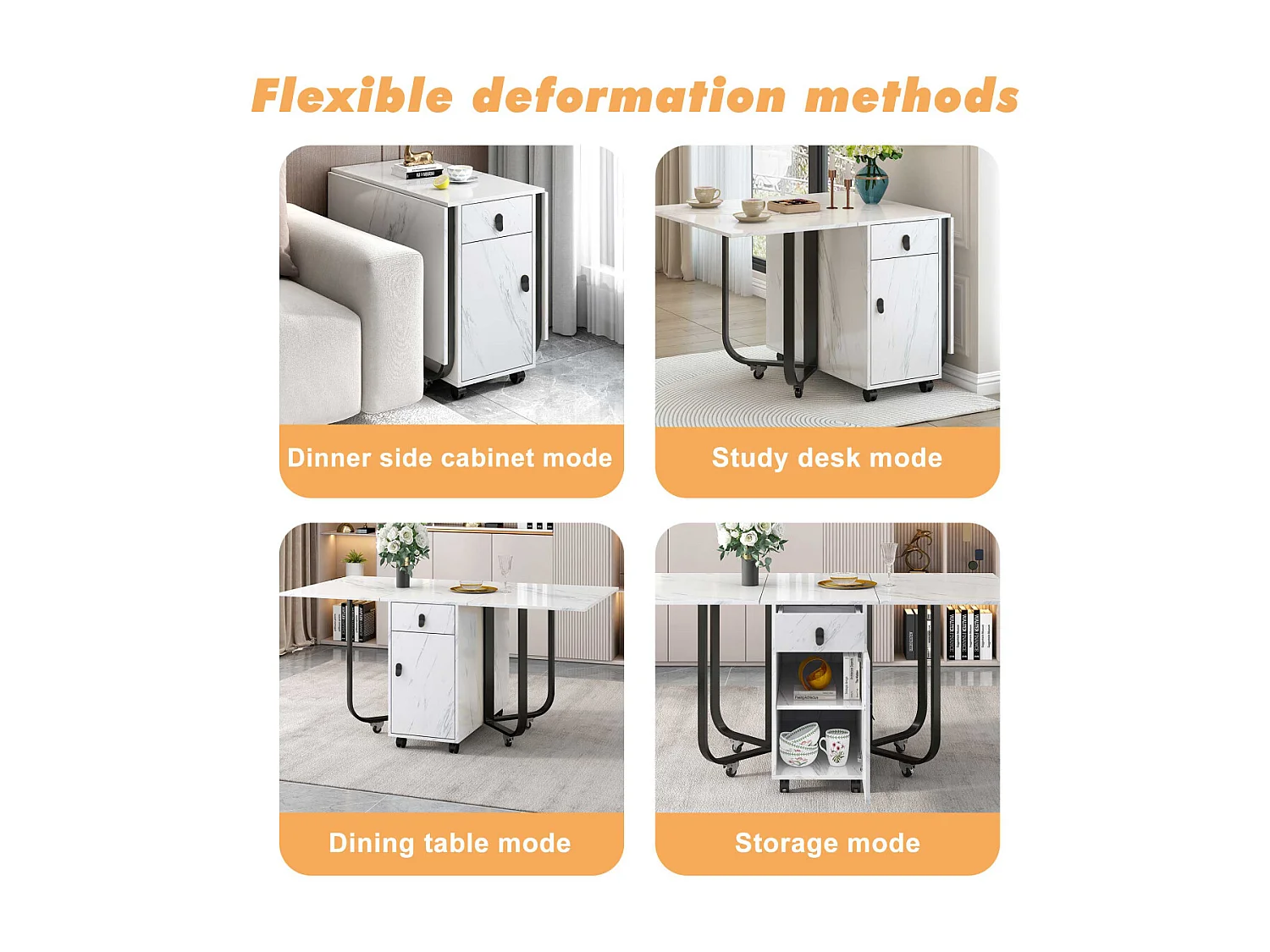 Table de salle à manger pliante avec étagère, 2 tiroirs, abattant, gain de place (blanc/noir)