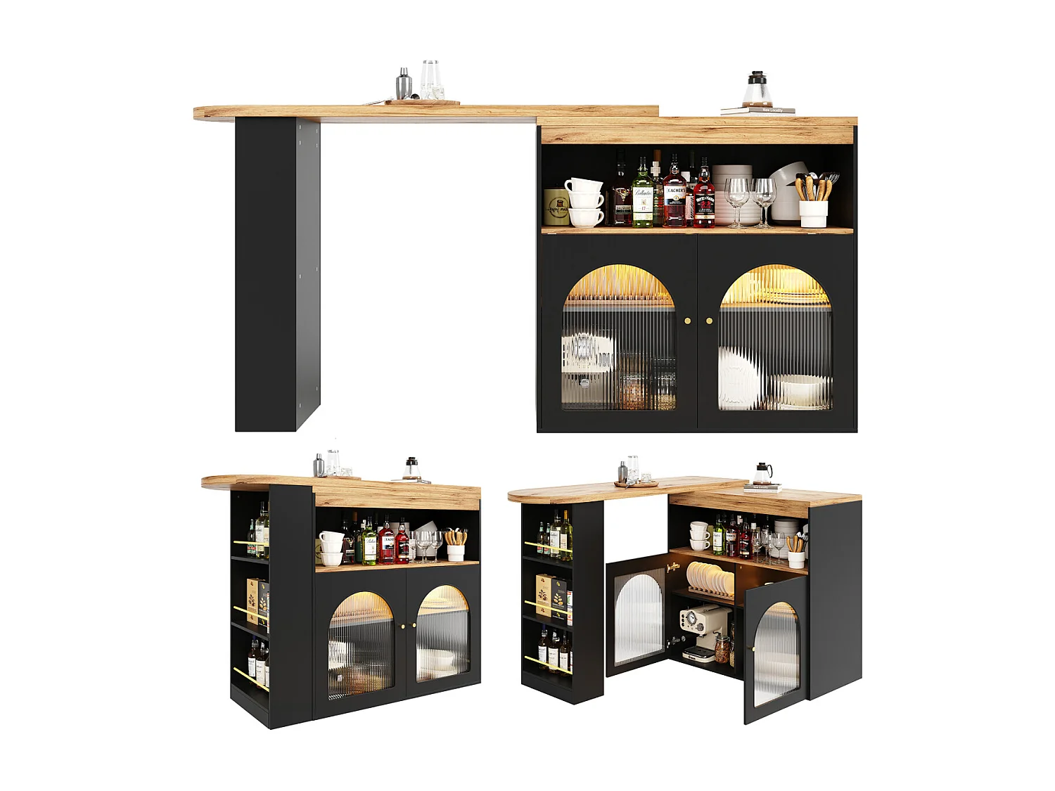 Moderne uitschuifbare bartafel met opbergruimte, draaibaar, voor eetkamer, met 1m LED-lichtstrip, zwart