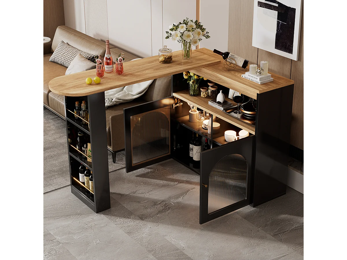 Moderne uitschuifbare bartafel met opbergruimte, draaibaar, voor eetkamer, met 1m LED-lichtstrip, zwart