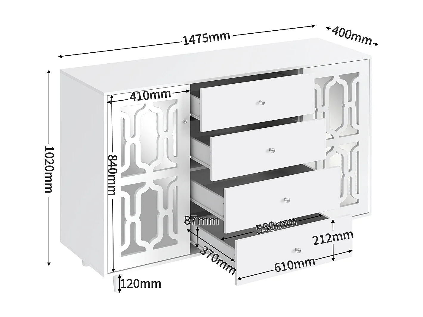Wit spiegelend dressoir met stoere kristallen handgrepen, voor woon- en eetkamers, 147,5 x 40 x 102 cm