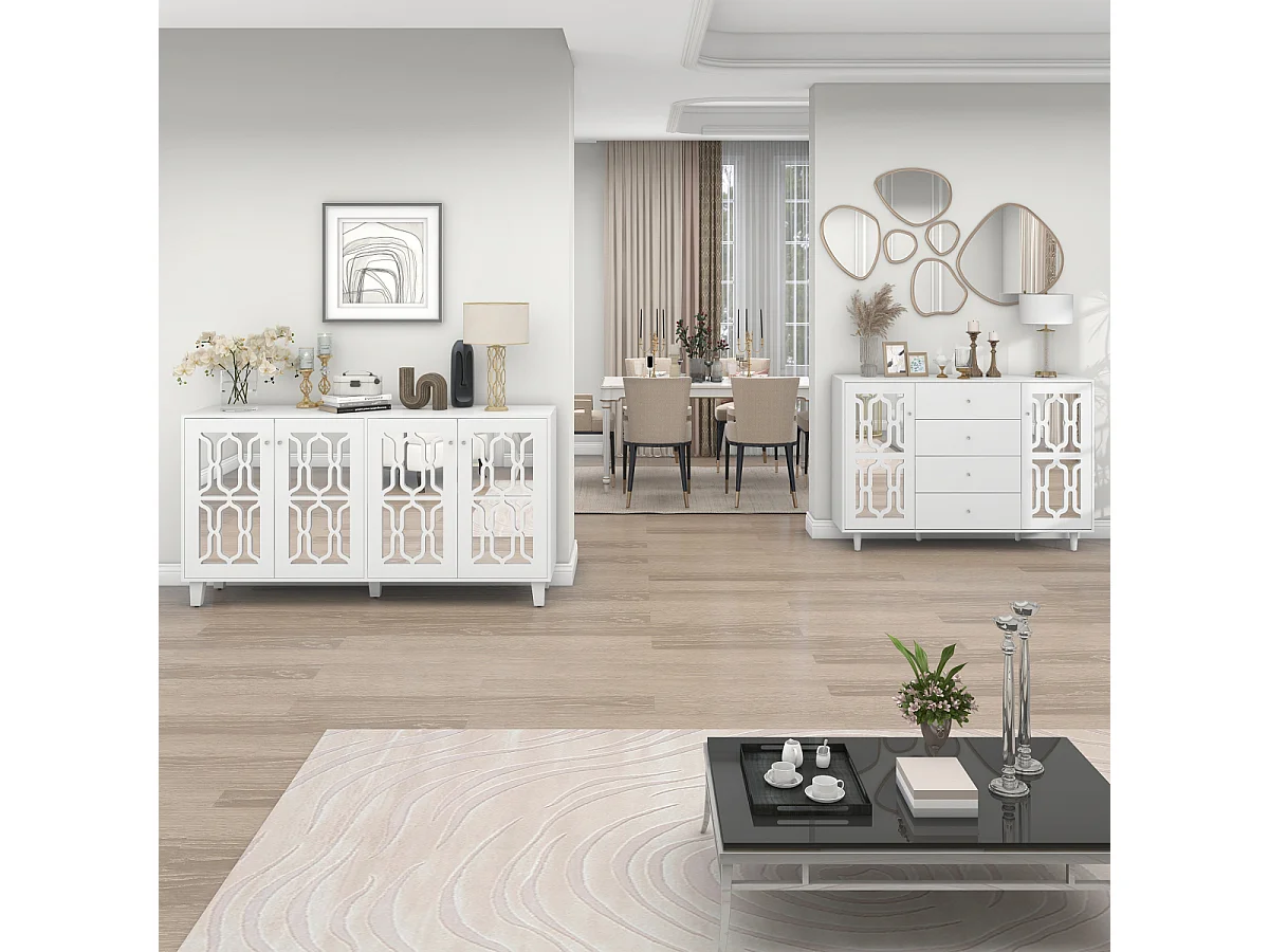 Wit spiegelend dressoir met stoere kristallen handgrepen, voor woon- en eetkamers, 147,5 x 40 x 102 cm