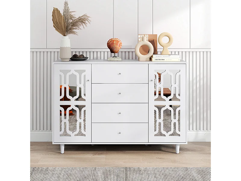 Wit spiegelend dressoir met stoere kristallen handgrepen, voor woon- en eetkamers, 147,5 x 40 x 102 cm