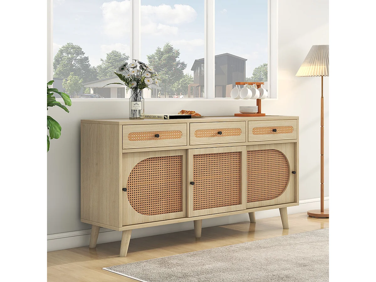 Buffet en bois, 140 cm, porte en rotin PE, étagères réglables, 3 tiroirs, 3 portes coulissantes.