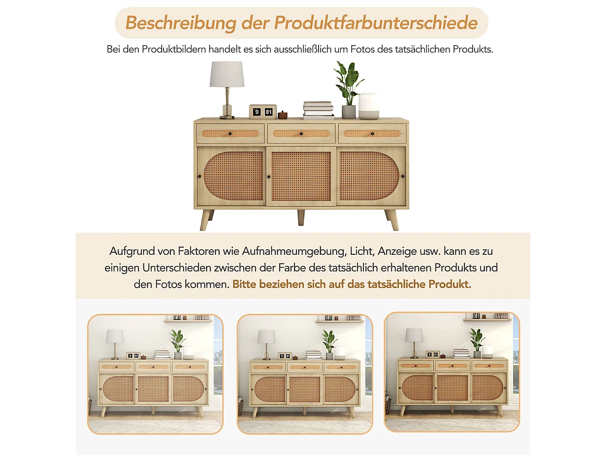 Buffet en bois, 140 cm, porte en rotin PE, étagères réglables, 3 tiroirs, 3 portes coulissantes.