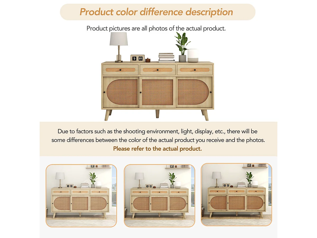 Buffet en bois, 140 cm, porte en rotin PE, étagères réglables, 3 tiroirs, 3 portes coulissantes.