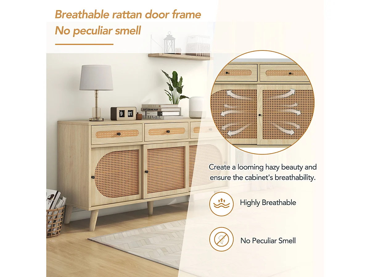 Buffet en bois, 140 cm, porte en rotin PE, étagères réglables, 3 tiroirs, 3 portes coulissantes.