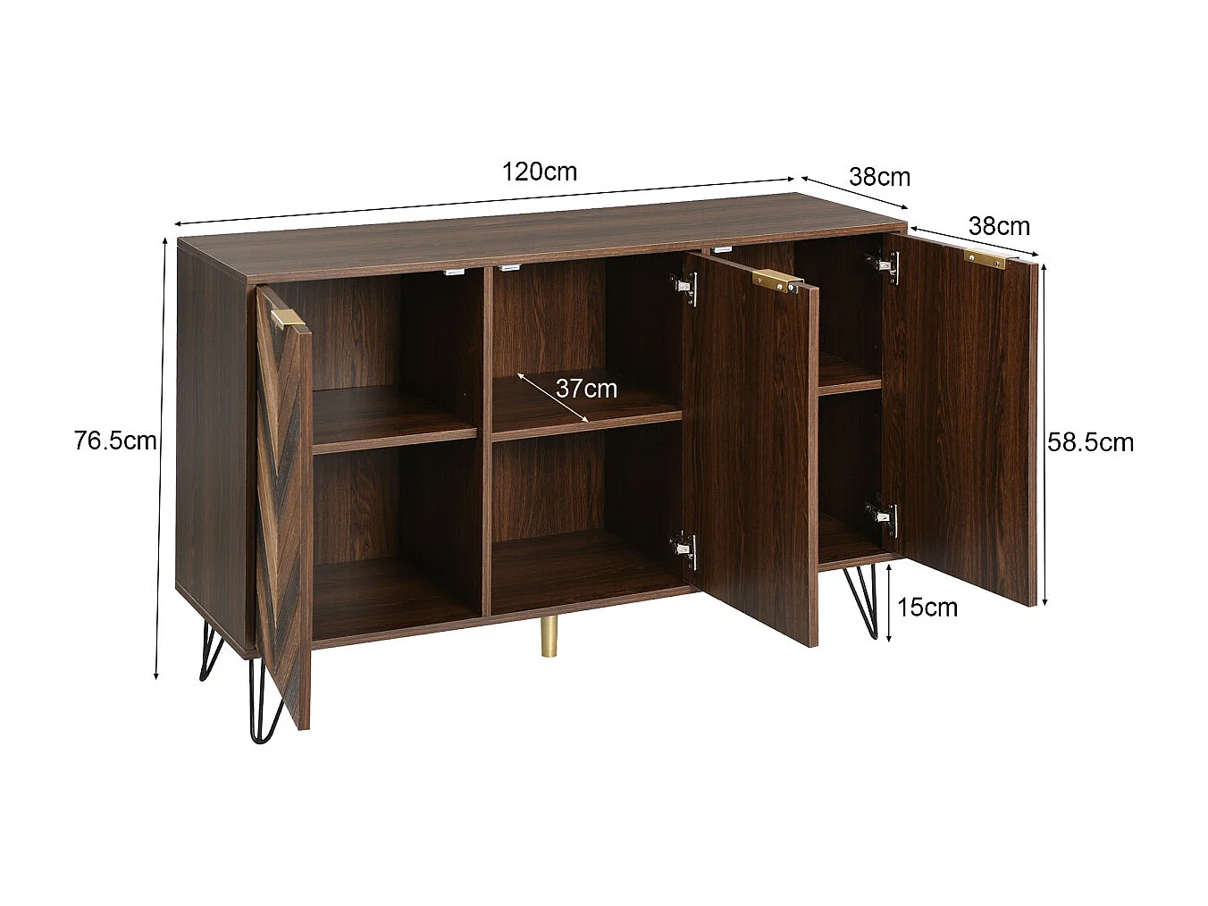 Dressoir met 3 deuren, stijlvolle details, veel opbergruimte, massief houten fineer, concaaf/convex gevoel, inclusief laminaat, gouden G-accent.