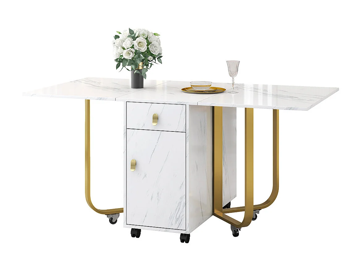 Table de salle à manger pliante avec étagère, 2 tiroirs, abattant, gain de place (blanc/doré)