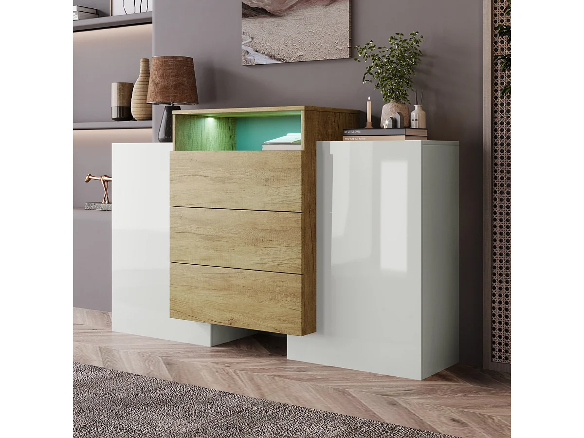 Modern hoogglans wit en houten dressoir met veelkleurige ledverlichting (140 cm)