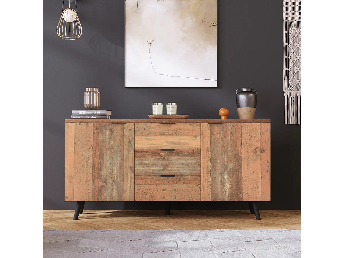 Vintage bruin 140 cm dressoir/tv-meubel met 3 lades en verstelbare planken voor woon/eetkamer/slaapkamer.