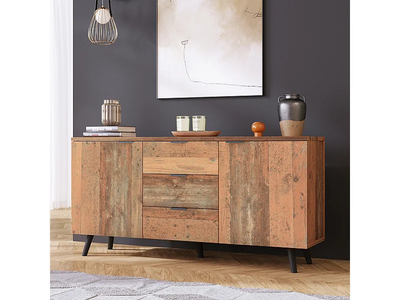 Vintage bruin 140 cm dressoir/tv-meubel met 3 lades en verstelbare planken voor woon/eetkamer/slaapkamer.