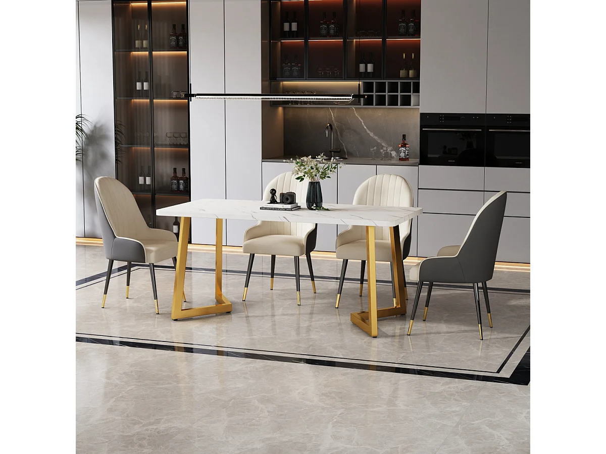 Table de salle à manger moderne à motif marbre, 117 x 68 cm, structure en métal, blanc/doré