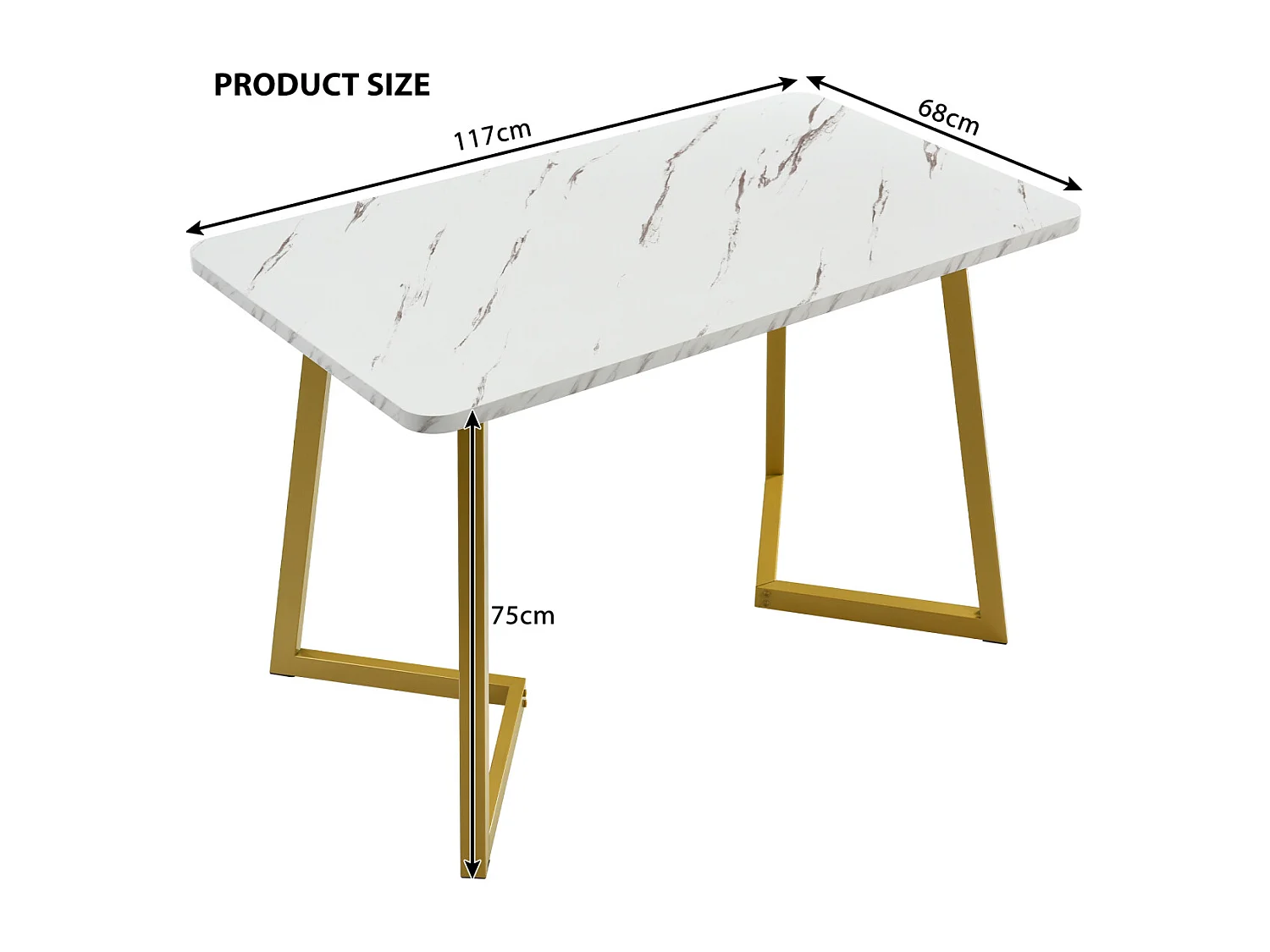 Table de salle à manger moderne à motif marbre, 117 x 68 cm, structure en métal, blanc/doré