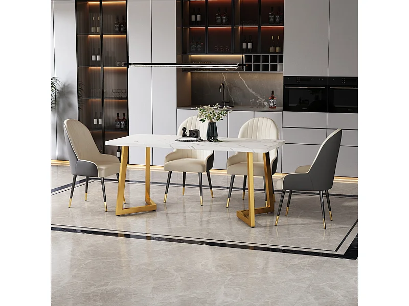 Table de salle à manger moderne à motif marbre, 117 x 68 cm, structure en métal, blanc/doré