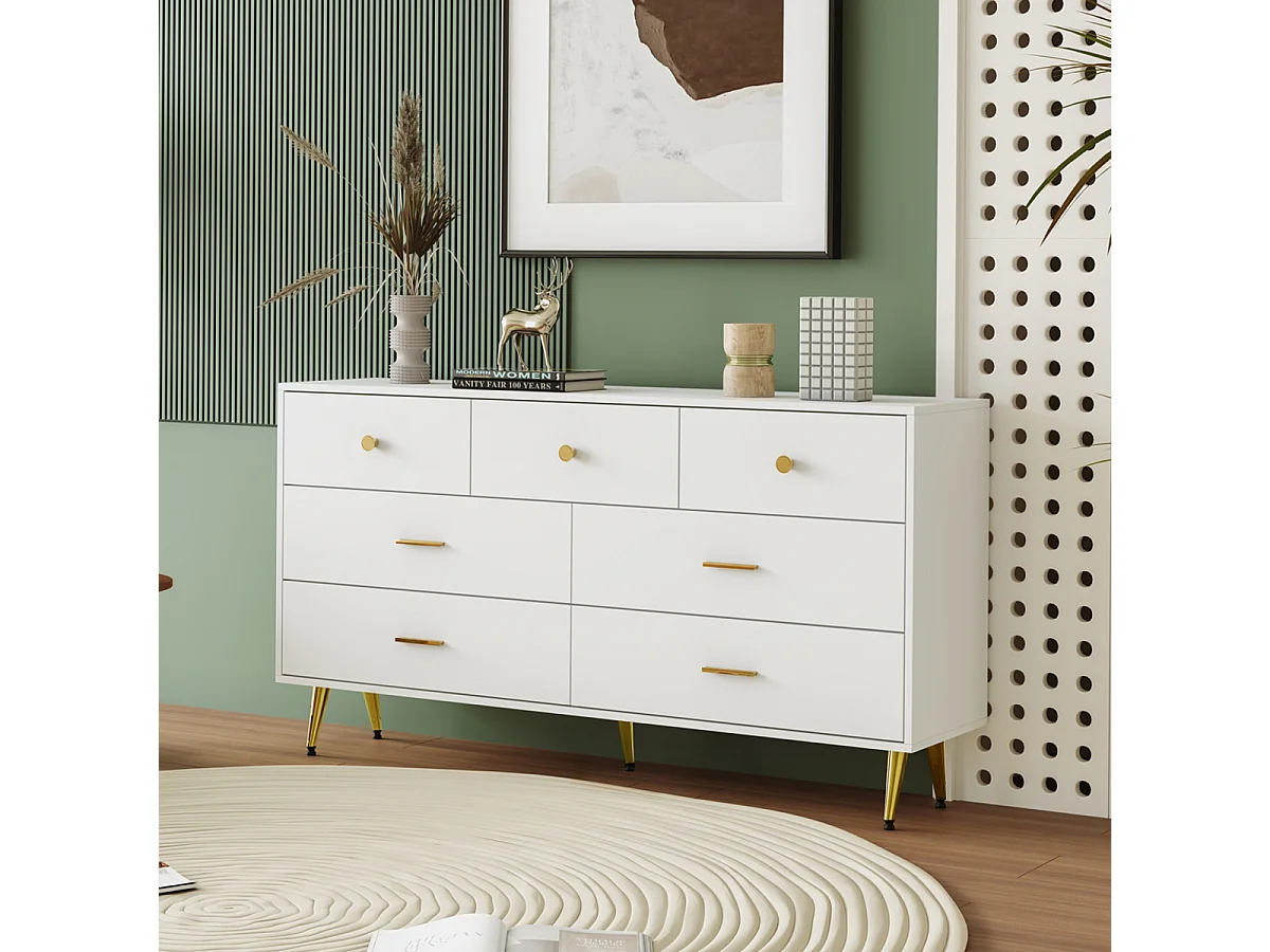 Wit dressoir met 7 lades, gouden handgrepen en poten, 140x35x76cm. Buffetkast/eetkamerkast.