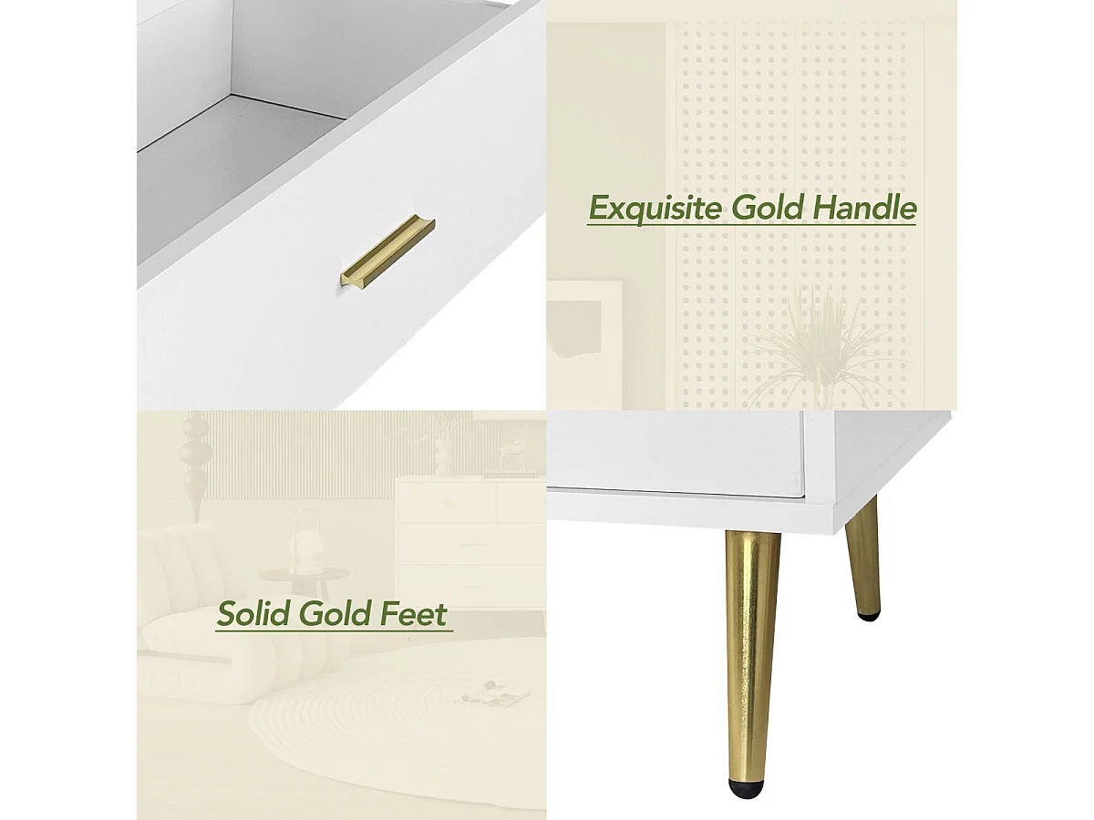 Wit dressoir met 7 lades, gouden handgrepen en poten, 140x35x76cm. Buffetkast/eetkamerkast.