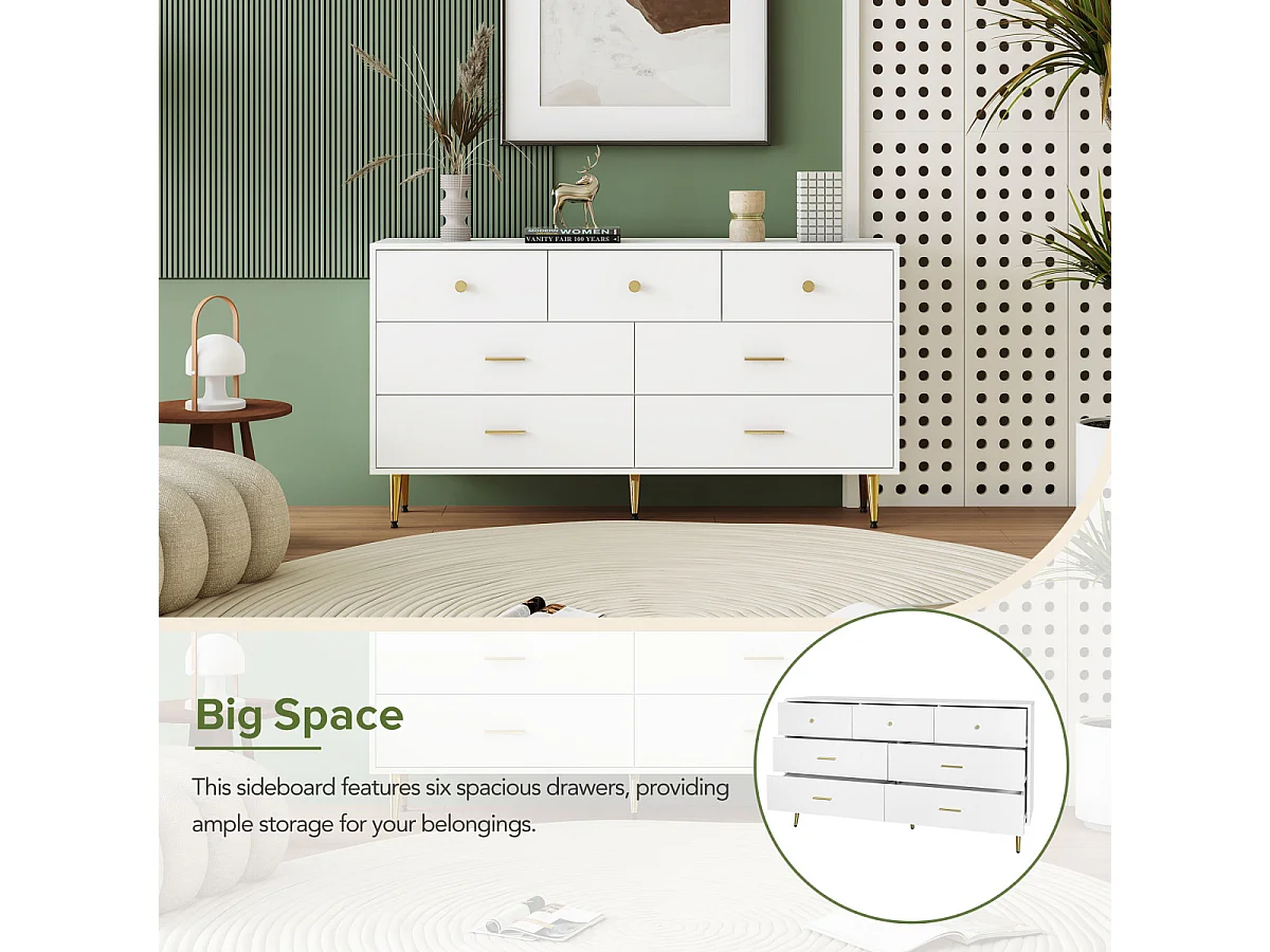 Wit dressoir met 7 lades, gouden handgrepen en poten, 140x35x76cm. Buffetkast/eetkamerkast.