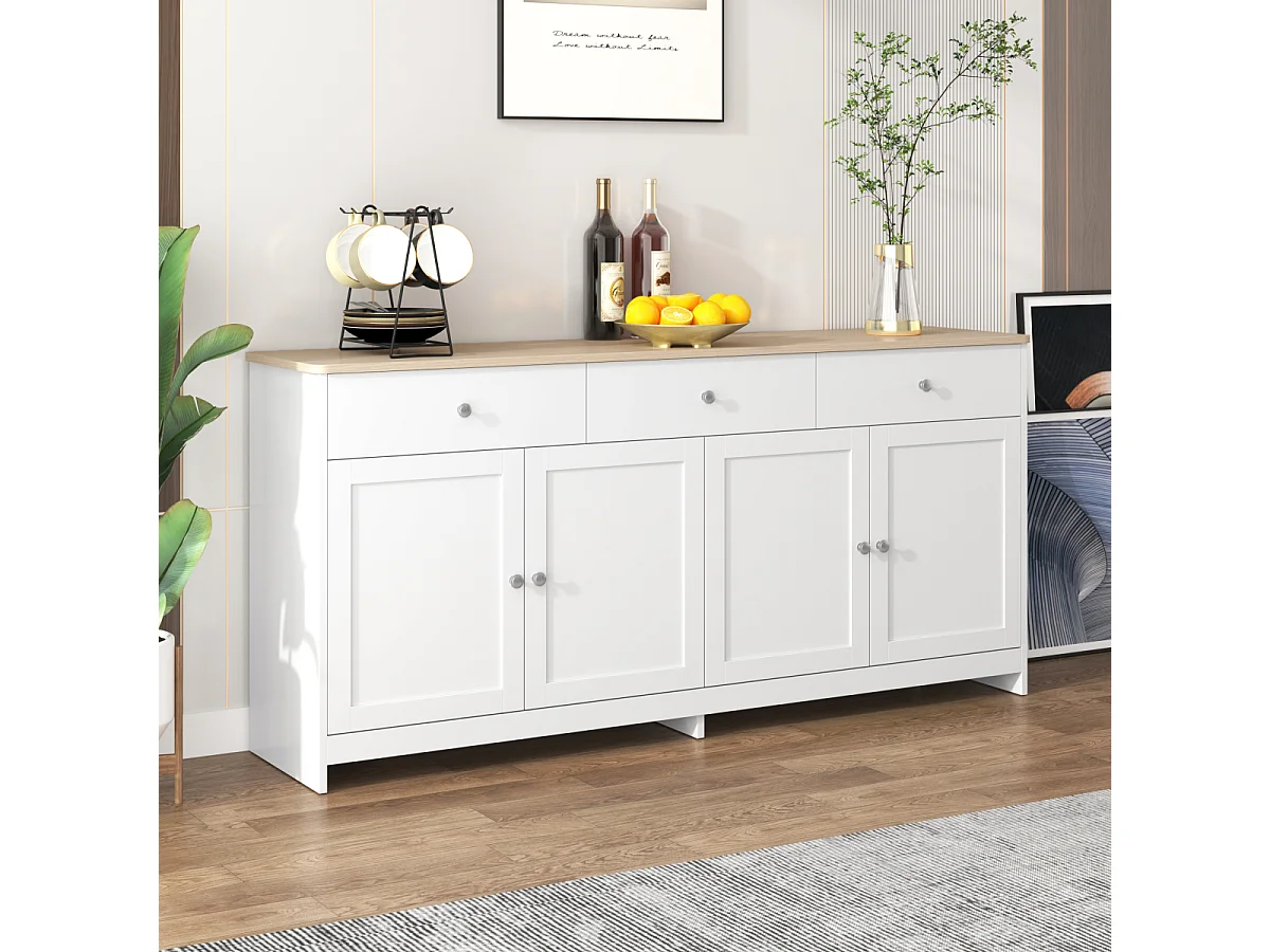 Wit dressoir met houtnerfmotief, 4 deuren en 3 lades voor woon-/eetkamer.