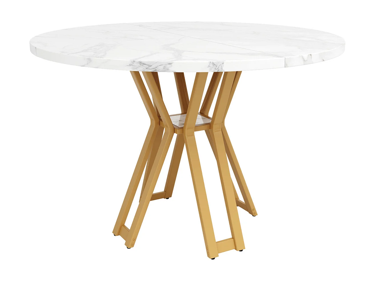 Mesa de comedor redonda (100x100x76cm), lujosa, para 4-6 personas, patas doradas, aspecto mármol