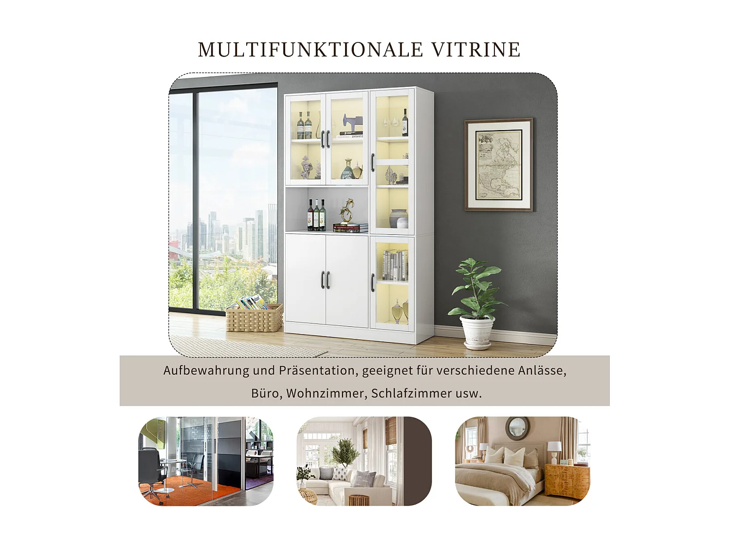 Vitrine blanche avec éclairage LED et portes pour le rangement dans le salon/la chambre.