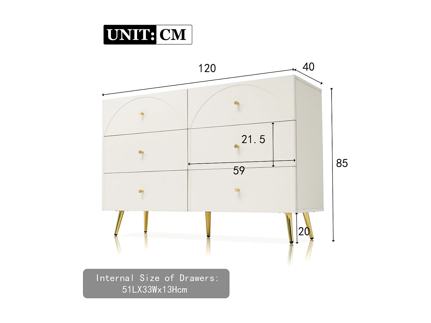 Cassettiera/credenza a 6 cassetti in bianco crema (H85/L120/P40 cm)