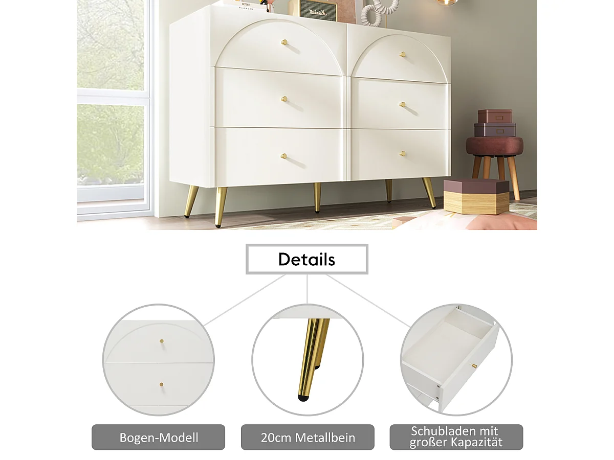 Cassettiera/credenza a 6 cassetti in bianco crema (H85/L120/P40 cm)