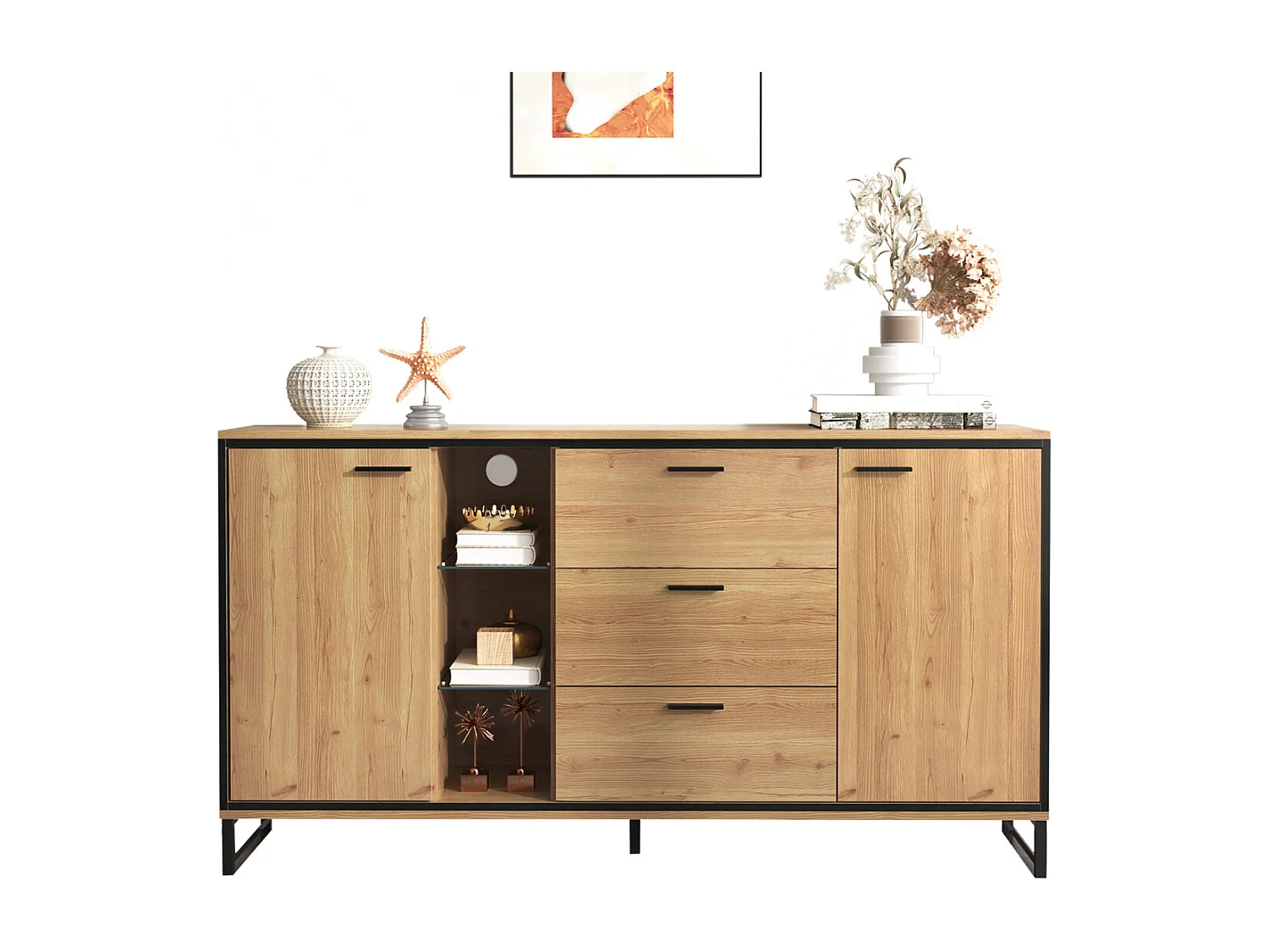 Dressoir met 3 lades en 2 deuren. Prachtige nerf. Modern meubel van hout en zwart.