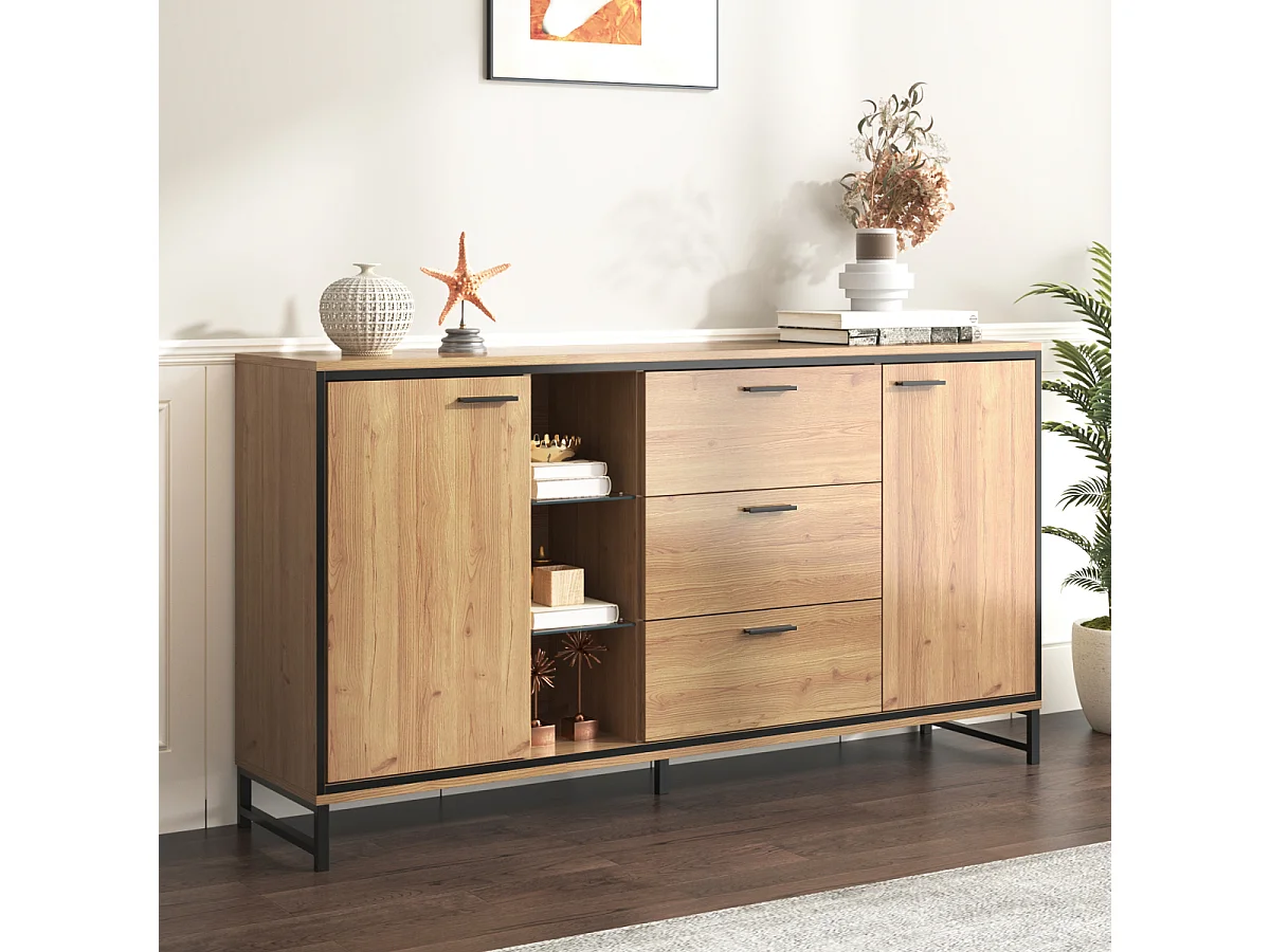 Dressoir met 3 lades en 2 deuren. Prachtige nerf. Modern meubel van hout en zwart.