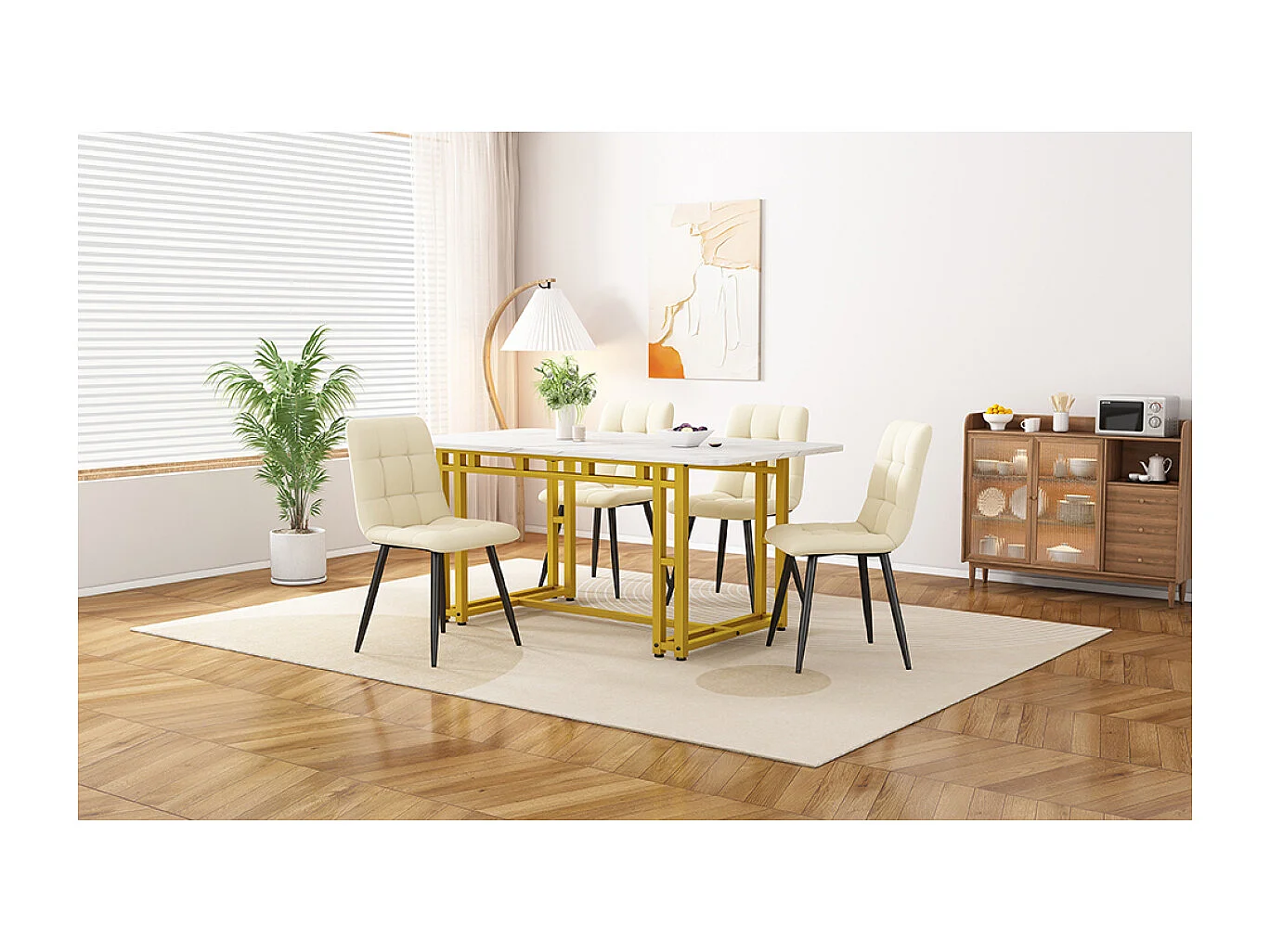 Mesa de comedor de lujo de 120 x 70 cm: estructura de metal, moderna mesa de cocina rectangular con patas doradas.